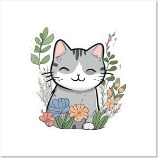 Floral Cat Botanical Plant Flower Cat Lover Posters and Art